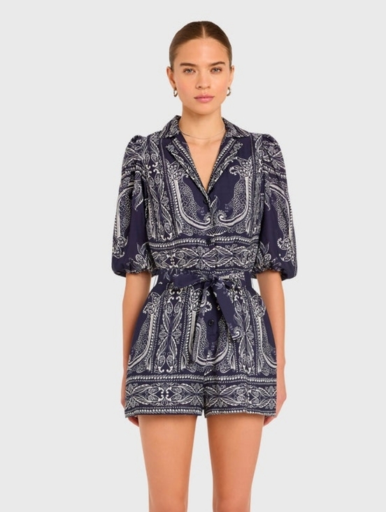 Amanda Uprichard Pants - NWT Amanda Uprichard Lucia Short Sleeve Navy & White Romper - Sz Med